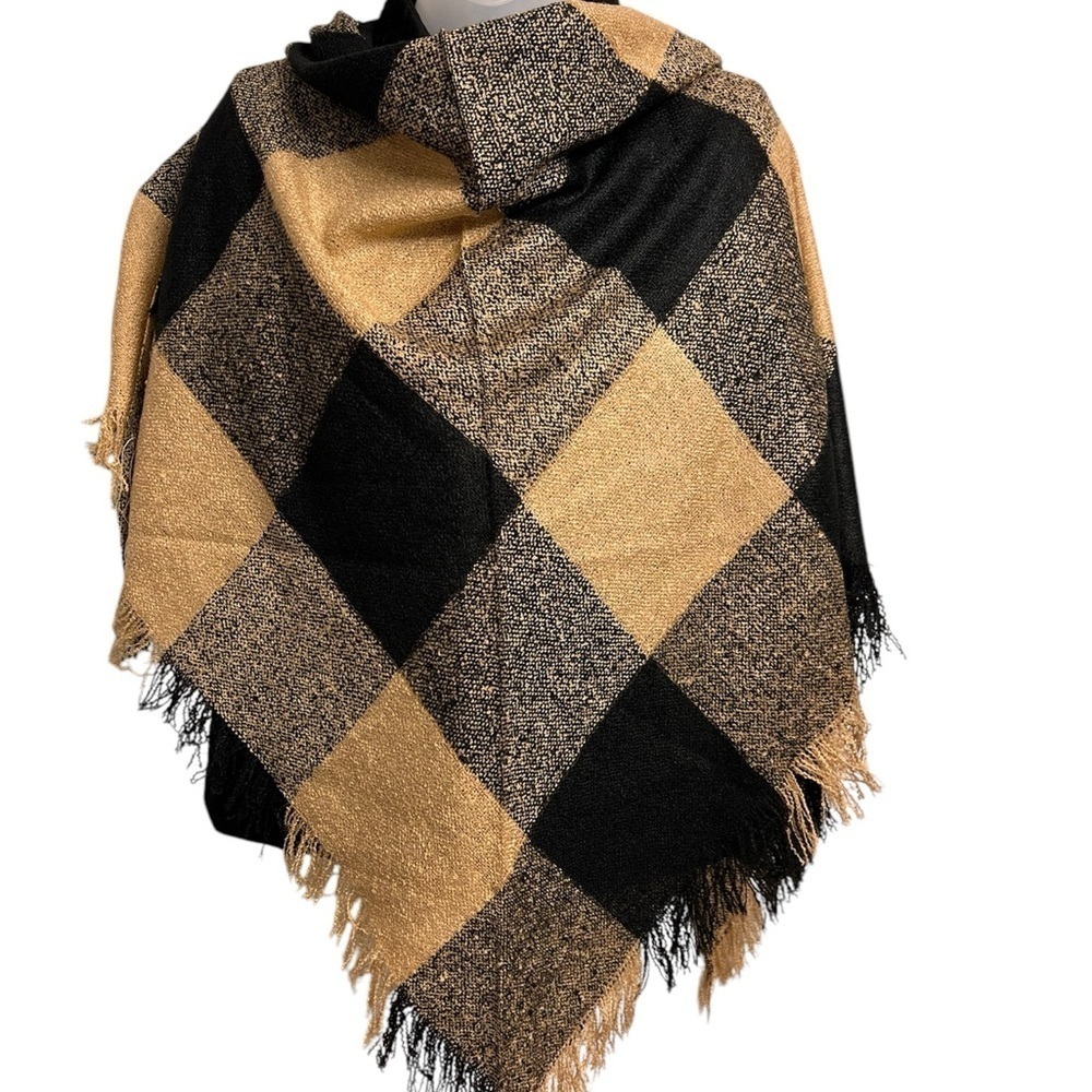 Buffalo Camel Plaid Fringe Shawl Scarf - Black and Gold